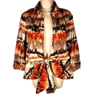 Mishca Top Blouse Tie Dye Batik Wrap Cotton Tie Front Brown Beige‎ Whimsigoth L